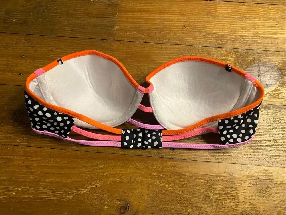 Victoria’s Secret 34B flirty bandeau strapless bikini top swimwear black dot